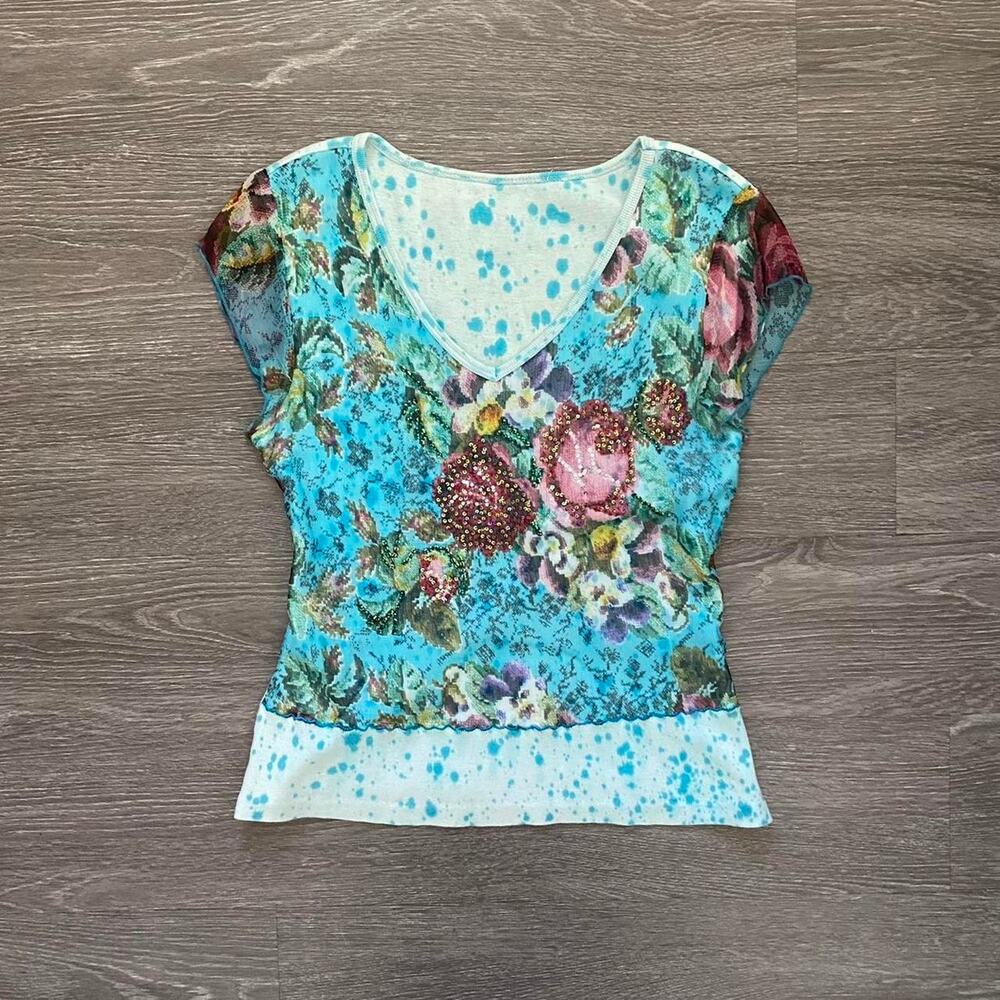 Vintage 90s turquoise floral sequin top
